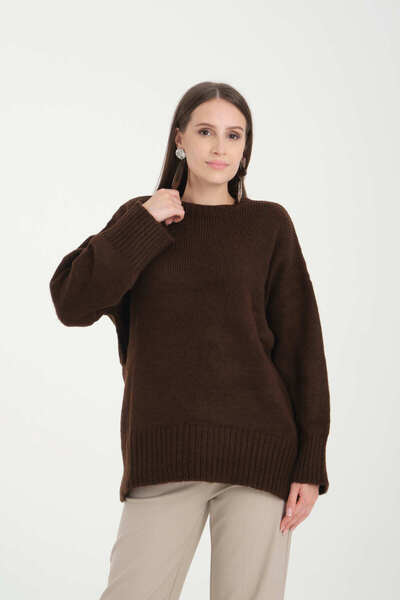 İLKCET MODA Oversize Basic Καφέ Μακρύ Γυναικείο Πουλόβερ