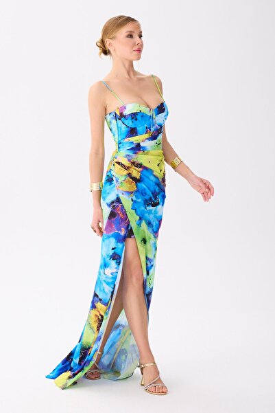 Carmen Saks Askılı Yırtmaçlı Empirme Saten Abiye Elbise