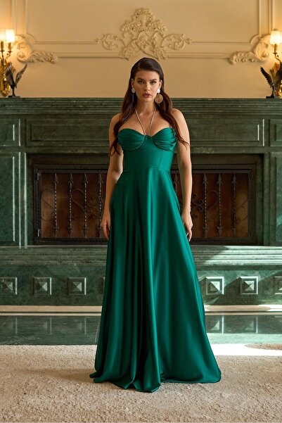 Carmen Zümrüt Saten Straplez Uzun Abiye Elbise ve Davet Elbisesi