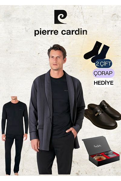 Pierre Cardin Men's 100% Cotton Robdöşambr & Long Sleeve Combed Cotton Pajama Set & Leather Slippers & Belt Wallet Set