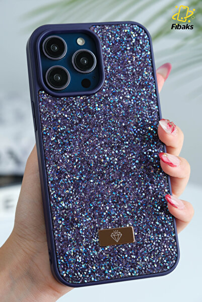 Fibaks Apple iPhone 14 Pro Max Kılıf Içi Kadife Elmas Tasarımlı Mor Taşlı Işıltılı Pırlanta Silikon Kapak