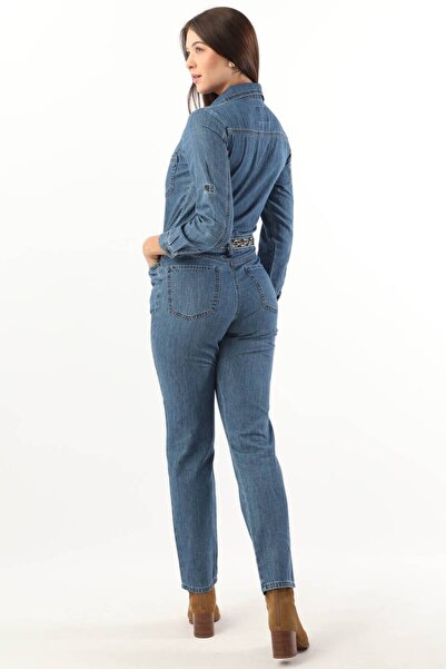 BANNY JEANS Women's Ethnic Pattern Belted Soft Textured Jean Jumpsuit Blue