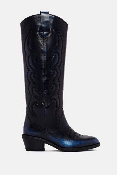 Bestyle Cizme de damă albastre metalice Slinky Western din piele naturală