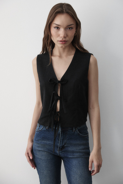 JASTE Women's Black Tie-Up Linen Vest