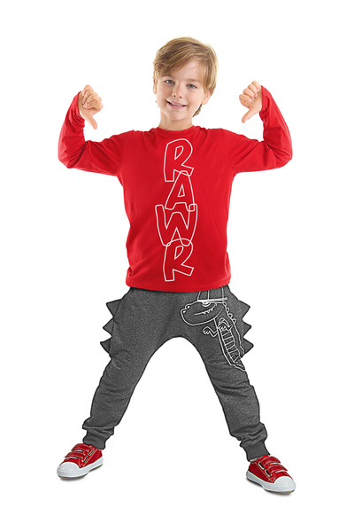 Denokids Boy's Winter T-shirt and Trousers Set - Caterpillar Dino