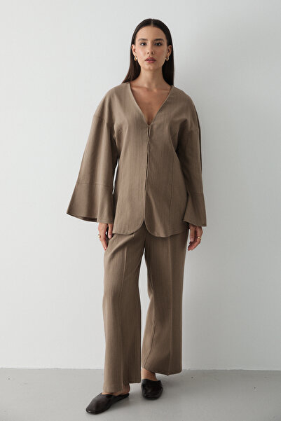 JASTE Women's Mink V-Neck Hidden Button Top & Elastic Pants Linen Bottom & Top Set