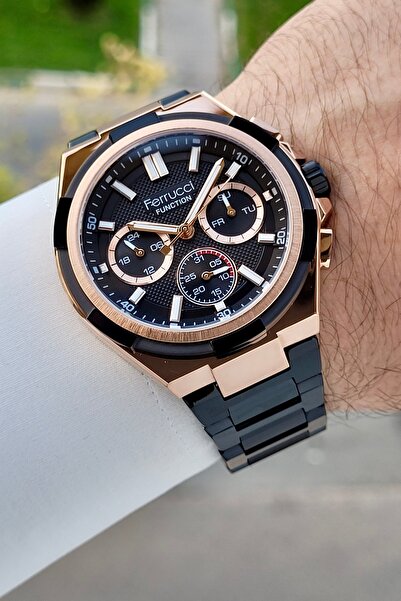 Ferrucci 43 Mm Kadranı Rose Kordonu Siyah Renk İç Göstergeleri Aktif Erkek Kol Saati