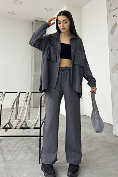lovebox Жіночий подвійний комплект з лляної тканини оверсайз з деталями кишень сорочка та штани антрацит 12093