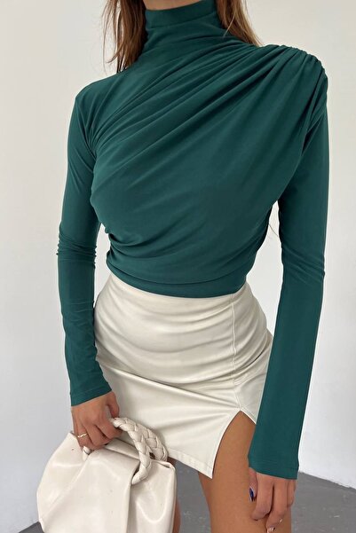bayansepeti Γυναικεία εύκαμπτη υφασμάτινη μακρυμάνικη μπλούζα ασύμμετρης κοπής ψηλός γιακάς σμαραγδί γυναικεία μπλούζα 9871