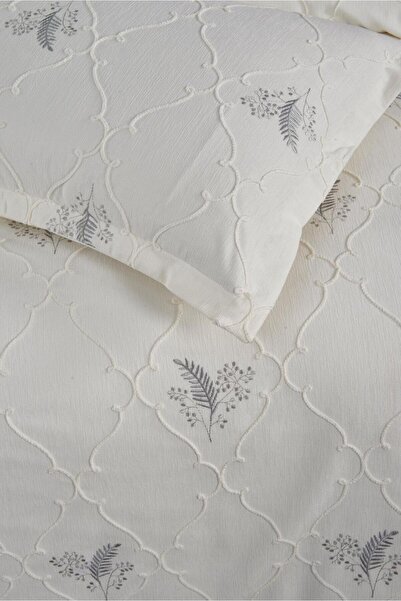maison royale Valencia Gri Yaprak Nakışlı Çift Kişilik 3 Parça Yatak örtüsü Pike Takımı Kutusuz