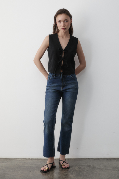 JASTE Women's Black Tie-Up Linen Vest