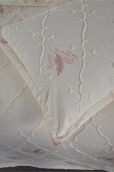 maison royale Valencia Pudra Yaprak Nakışlı Çift Kişilik 3 Parça Yatak örtüsü Pike Takımı Kutusuz