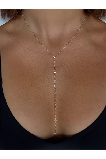 DGK COLLECTİON 14K gold renk, Hipoalerjenik Yıldız Detaylı Y Form Zarif Dekolte Kolyesi 🌟