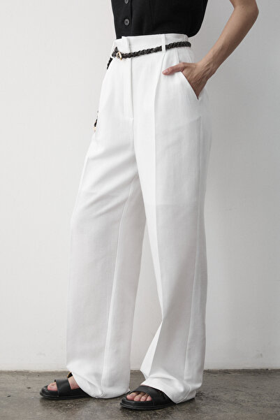 JASTE Kadın Beyaz Içi Astarlı Keten Örgü Kemerli Beli Lastikli Yüksel Bel Palazzo Pantolon
