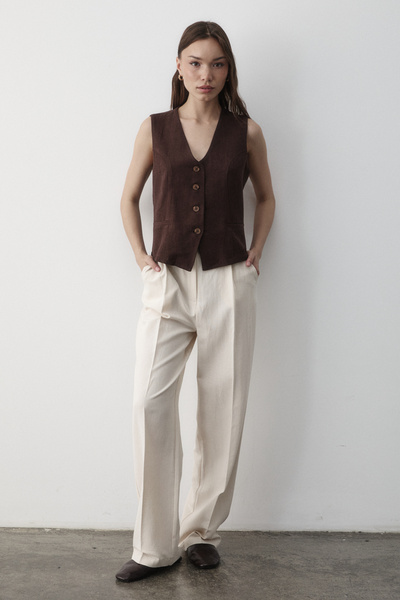 JASTE Women's Brown Lined Button Detailed Linen Vest