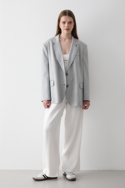 JASTE Women's Gray Button Detailed Oversize Blazer Jacket