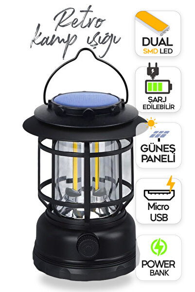 SULED Retro Kamp Lambası Fanus Fener USB Micro Güneş Şarjlı 10W Güçlü Led Işık Power Bank Özellikli