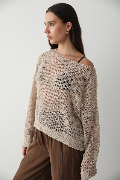 JASTE Kadın Taş File Örgü Düşük Omuz Salaş Yazlık Triko