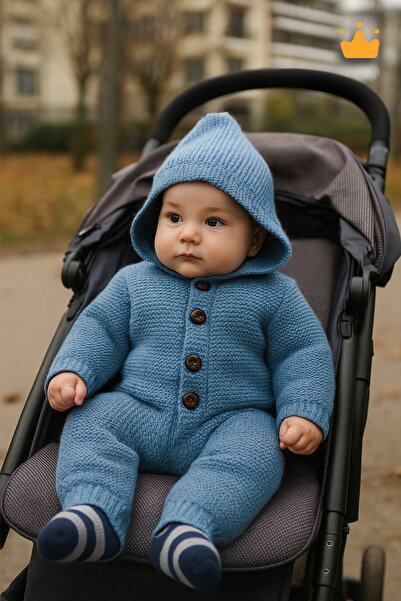 Babyhola Triko İçi Velsoft Kışlık Kalın Kız Erkek Bebek Tulum İndigo 2809