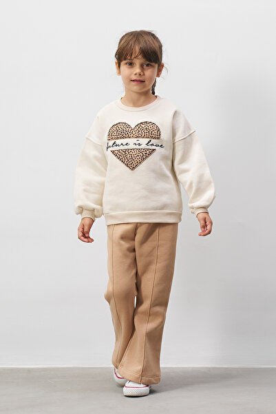 Minipodyum Heart Embroidered Leopard Patterned Girl's Top and Bottom Set