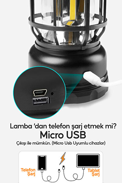 SULED Retro Kamp Lambası Fanus Fener USB Micro Güneş Şarjlı 10W Güçlü Led Işık Power Bank Özellikli