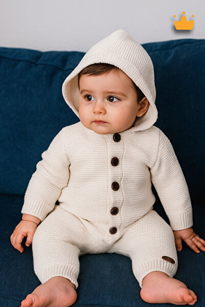 Babyhola Triko İçi Velsoft Kışlık Kalın Kız Erkek Bebek Tulum Ekru 2809