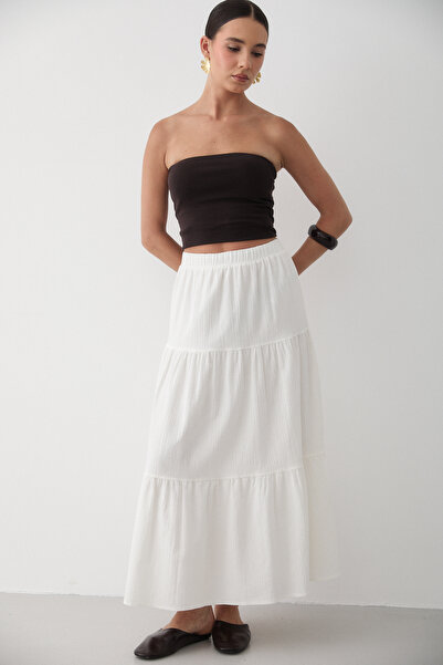 JASTE Women's Ecru Layered Gathered Elastic Waist Linen Skirt