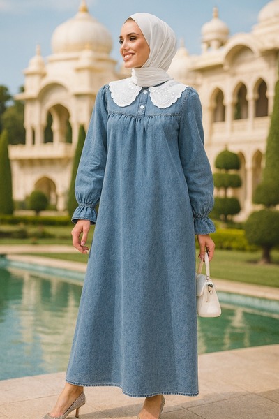 Neva Style Baby Collar Denim Blue Hijab Dress 19120m