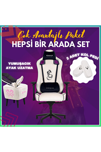 XMAX Pro / Ayak Uzatmalı Kol Pedli Maximus 4D Kol Orijinal Yarasa Mekanizmalı Beyaz Oyuncu Koltuğu