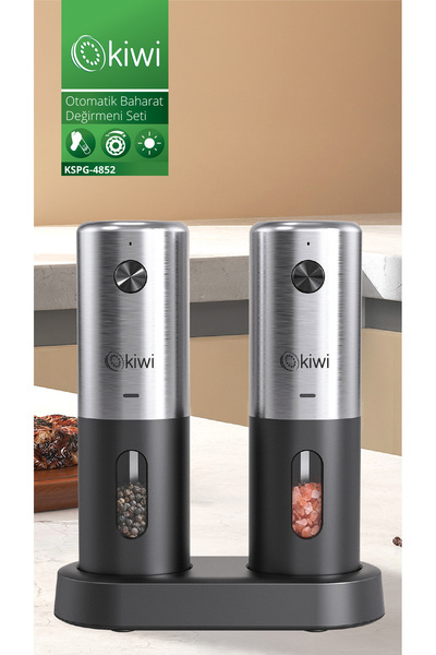Kiwi Kspg-4852 Şarjlı Paslanmaz Çelik Tuz Karabiber Değirmeni Otomatik Baharat Öğütücü 2li Paket