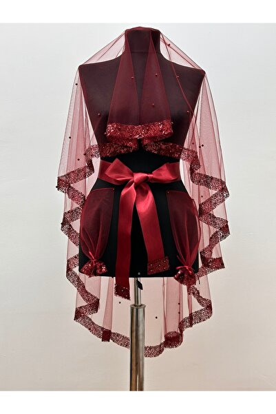 NEHİR AKSESUAR Pul Payet İncili Bordo Gelin Kına Duvak Örtüsü