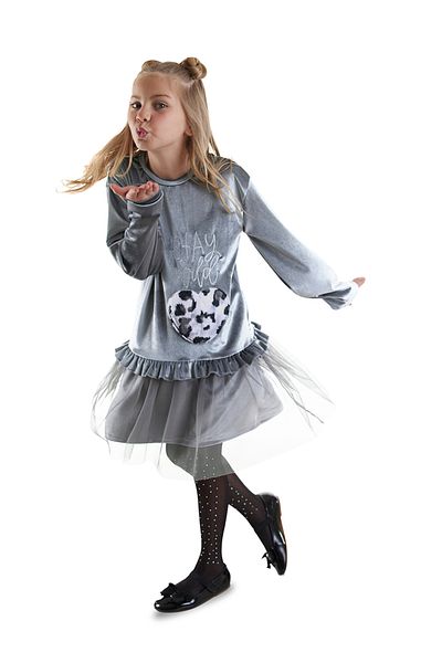 Denokids Girl's Gray Velvet Dress with Leopard Pockets