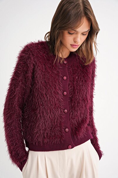 Mixray 6897 Claret Red Women's Knitwear Cardigan - Long Beard and Band Detail