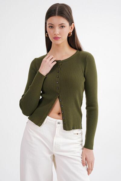 Mixray Women's Corded Knitwear Cardigan Khaki 6931 Buttoned