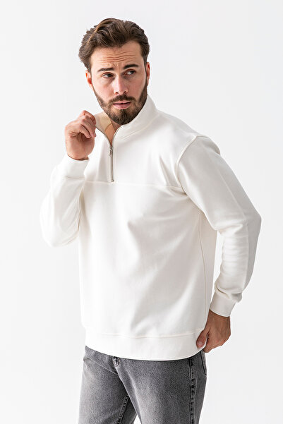 JB John Borners Ανδρικό φούτερ με όρθιο γιακά με μισό φερμουάρ με υφή λευκό - 25K 1061