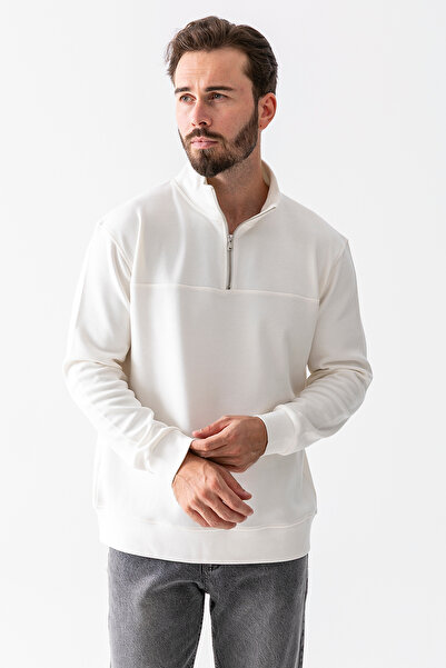JB John Borners Ανδρικό φούτερ με όρθιο γιακά με μισό φερμουάρ με υφή λευκό - 25K 1061