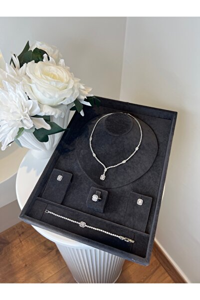 VİYA Joanne Zirkon Taşlı Takı Seti Kolye Küpe Yüzük Bileklik Hediye Set