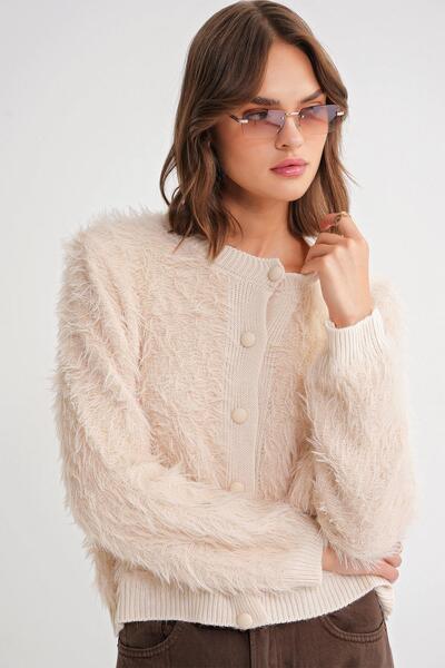 Mixray 6897 Kadın Uzun Sakallı Bant Detaylı Triko Hırka Naturel