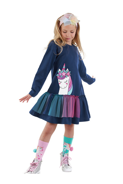 Denokids Tulle Unicorn Girl's Navy Blue Dress