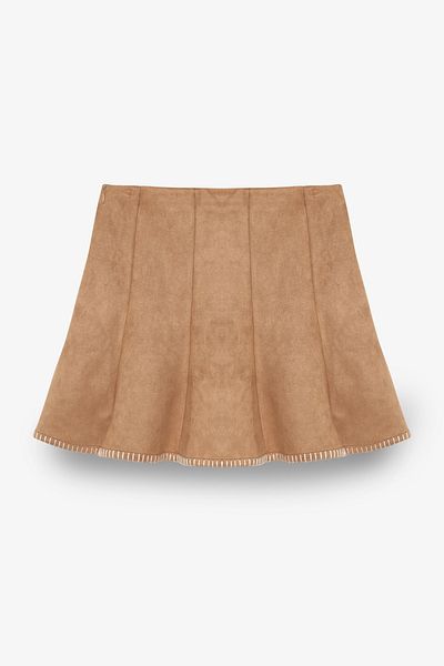 Quzu Suede Look Mini Skirt with Zigzag Stitching Detail Beige