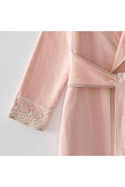 Ecocotton Tuğsen Women's Bathrobe 100% Organic Cotton Laced Powder