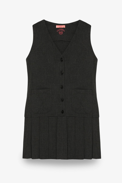 Quzu Button Front V Neck Pleated Mini Dress Anthracite