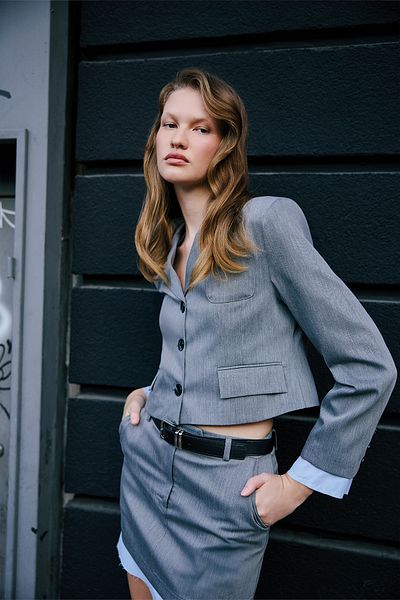 Quzu Fabric Garnished Pocket Detailed Crop Blazer Jacket Gray