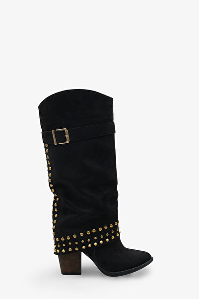 LOJO Női arany Troklu öv részletesen kidolgozott sarkú, alkalmi csizma, Oslos fekete velúr