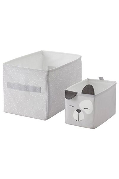 IKEA مجموعة صناديق غرفة الأطفال مكونة من قطعتين، صناديق تنظيم MeridianDukkan ذات طابع الكلب باللون الرمادي، قابلة للغسل، للتخزين
