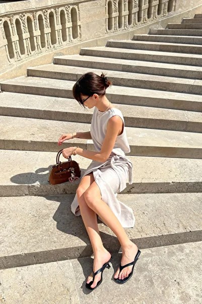 Antioch Beige Linen Blended Belted Women's Skirt