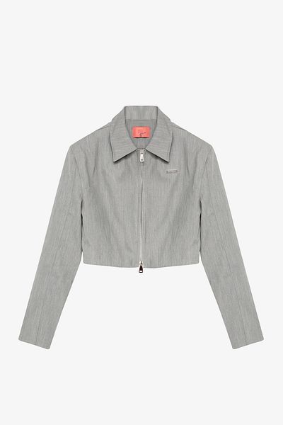 Quzu Shirt Collar Zippered Short Jacket Gray
