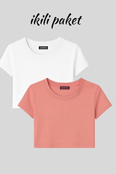 Seamoda Διπλό πακέτο Crew Neck κοντομάνικο μπλουζάκι με ραβδώσεις Salmon-Broken White