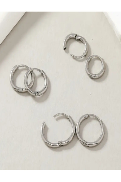 Çelik 6lı Gümüş Renk Halka Küpe Seti - 1.2cm / 1.4cm / 1.6cm