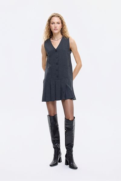 Quzu Button Front V Neck Pleated Mini Dress Anthracite